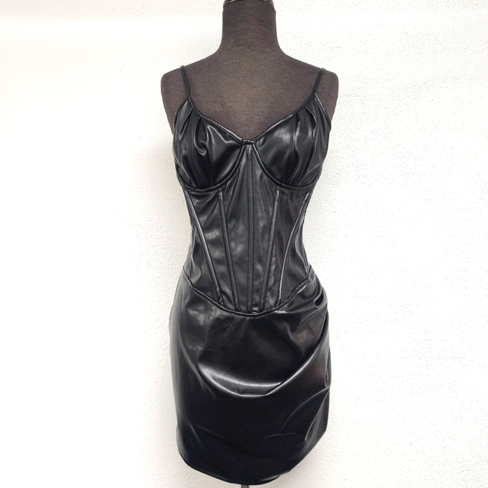 Shape Black Faux Leather Corset Lace Up Back Bodycon Dress
